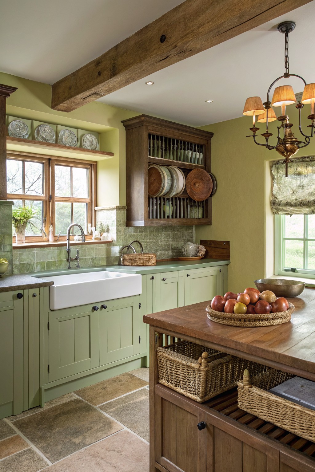 Sage green kitchen cabinets paired with wood beams and a white farmhouse sink.