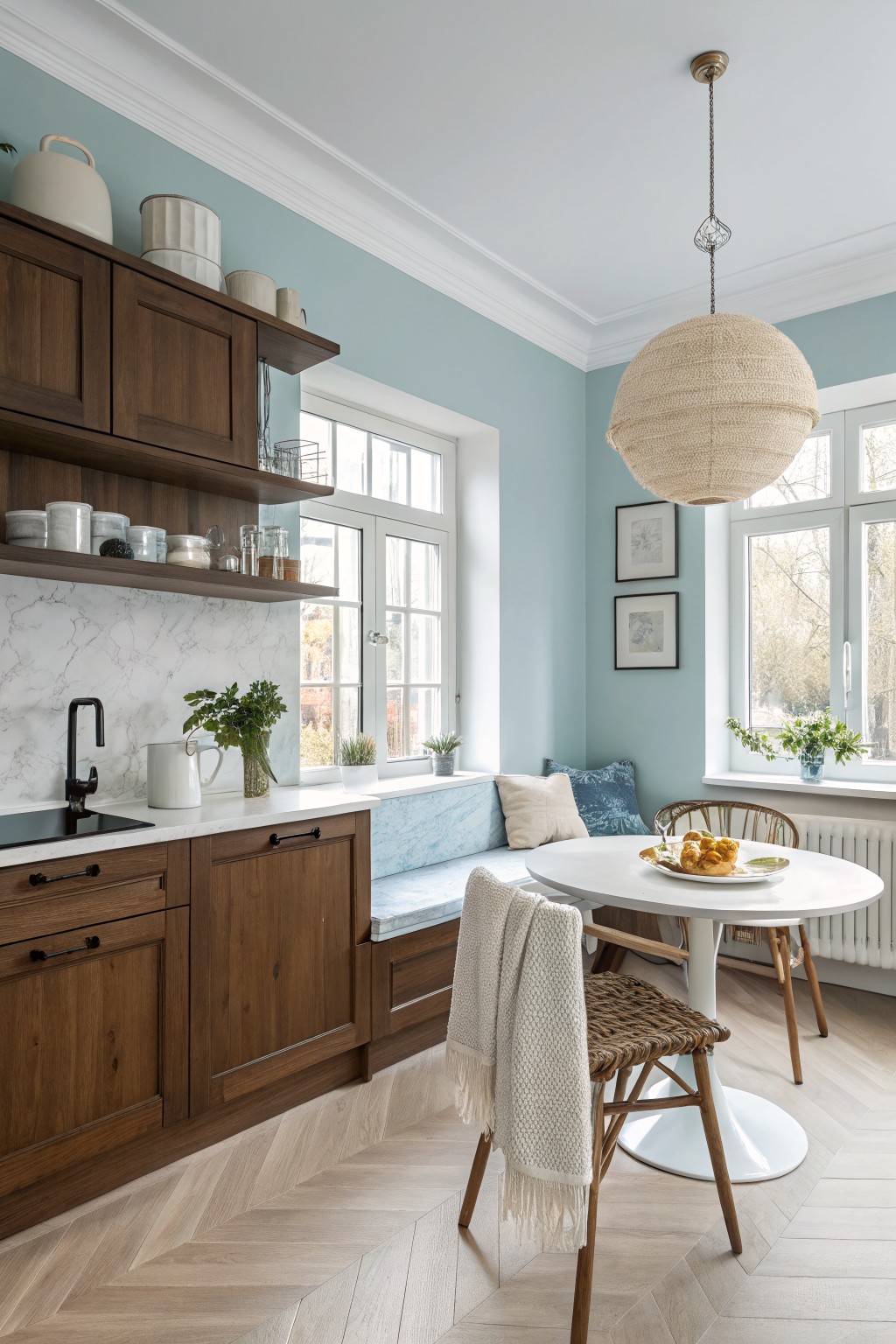 Kitchen walls in a soft blue green color next to dark wood cabinets.