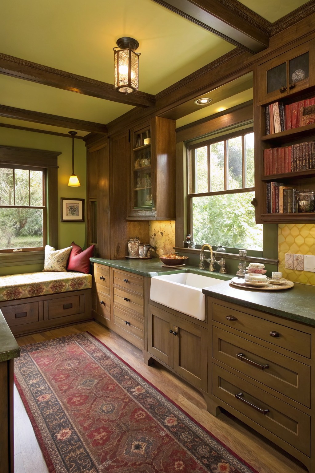Light green walls in a kitchen with dark wood cabinets and a white sink.