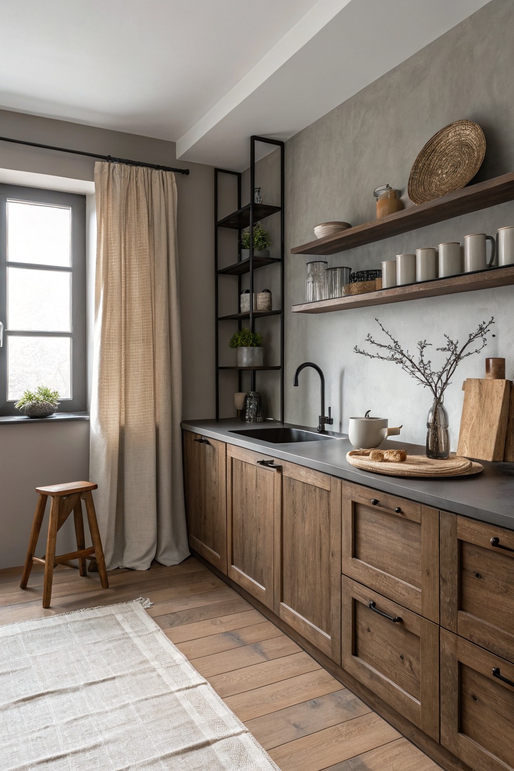Kitchen wall painted in a soft muted gray beside dark wood cabinets.