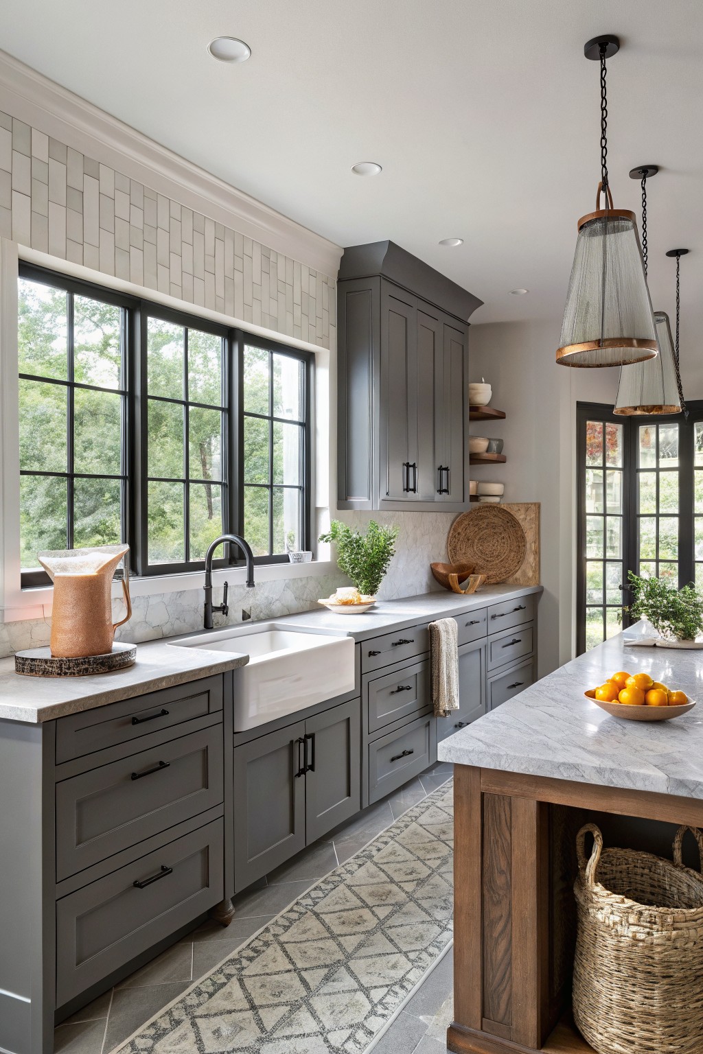 Kitchen with light greige walls and dark gray cabinets.