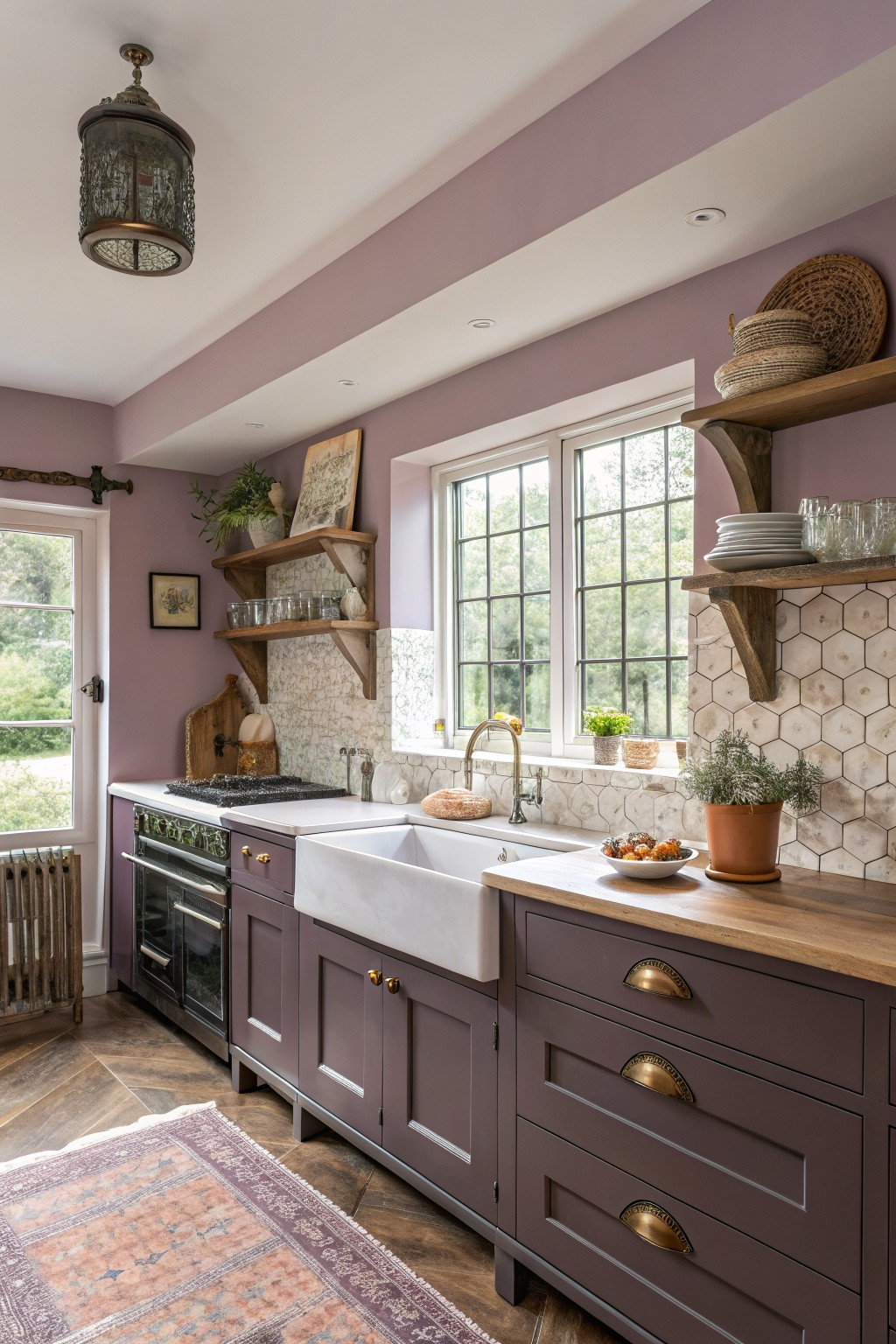 Kitchen with soft lavender walls and dark cabinets.