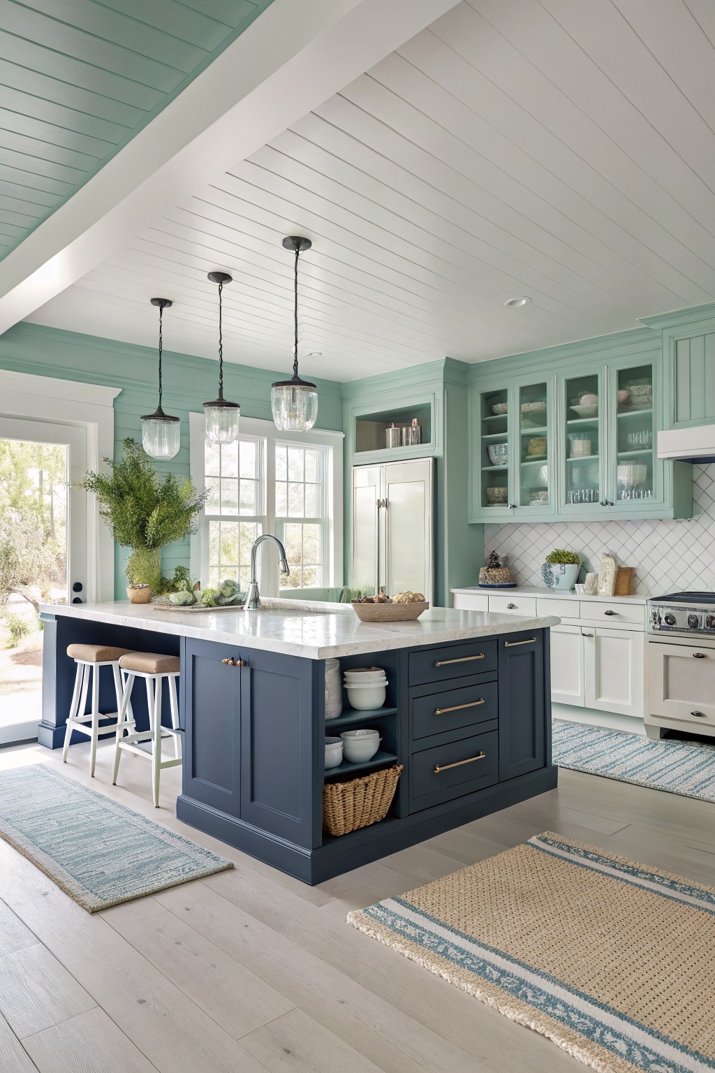 Kitchen with soft mint green walls and dark navy cabinets.