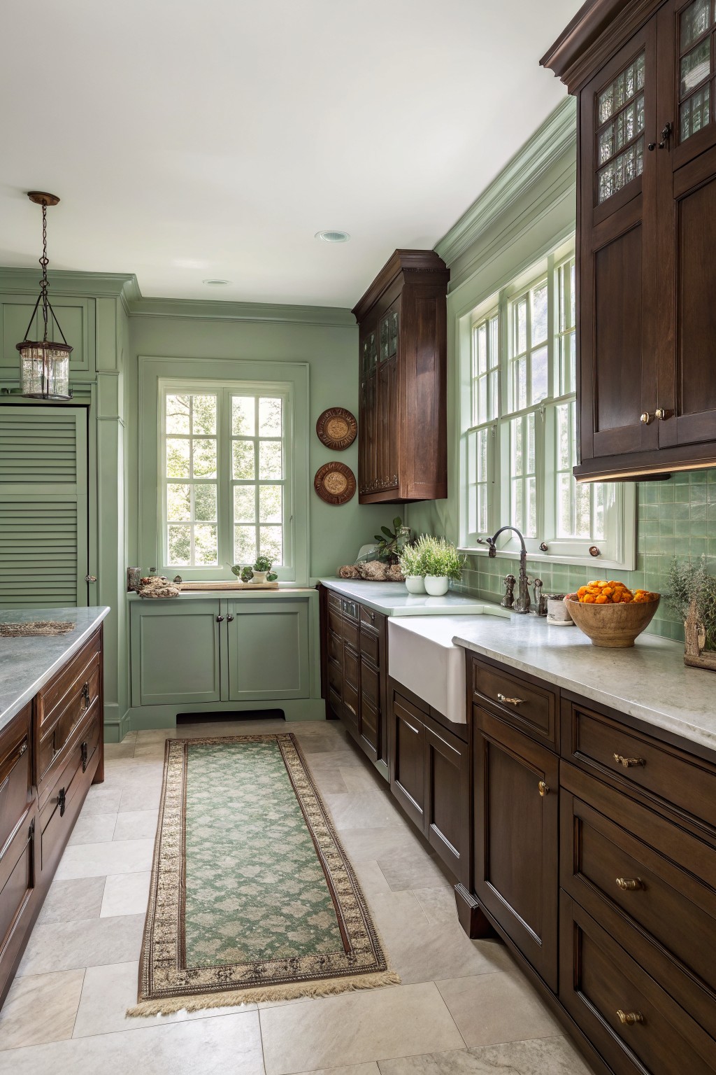 Kitchen walls painted in a soft sage green beside dark wood cabinets.