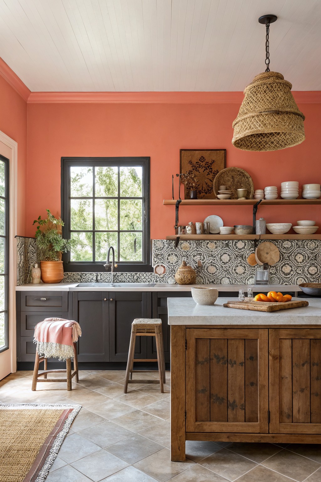 Warm coral walls in a kitchen with dark cabinets and open shelving.