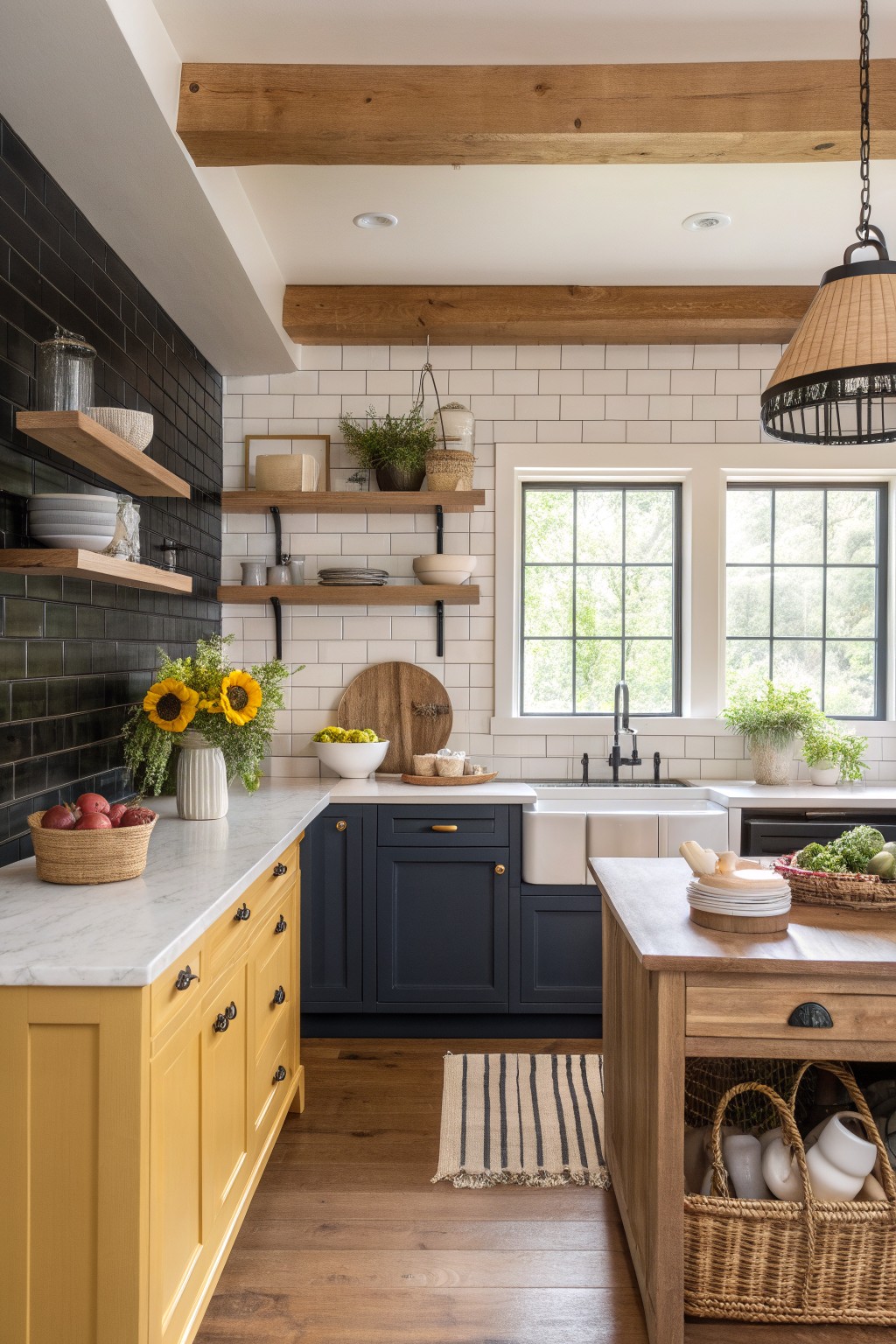 Modern farmhouse kitchen with yellow and navy cabinets, marble counters, and wooden beams.