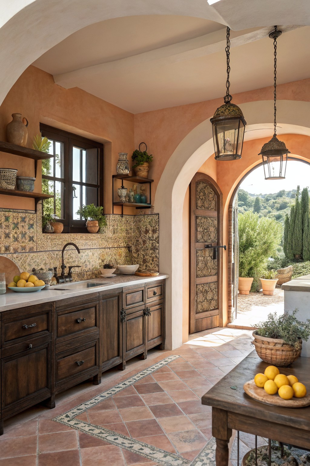 Warm terracotta walls surround dark wood cabinets in a rustic kitchen.