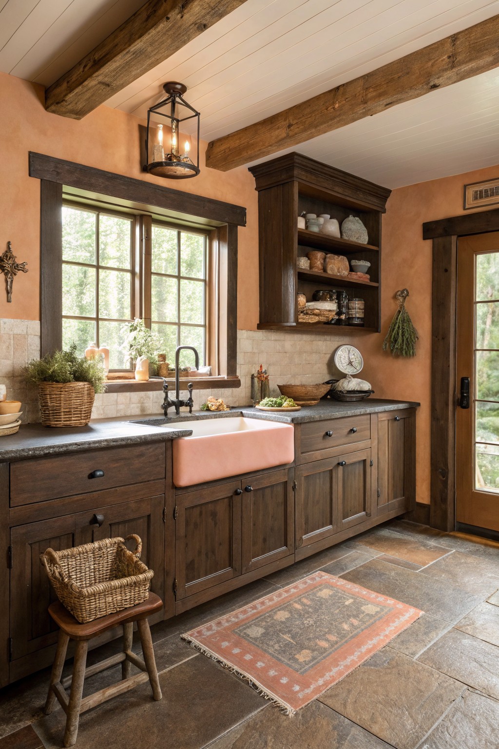 Warm terracotta walls in a kitchen with dark wood cabinets.
