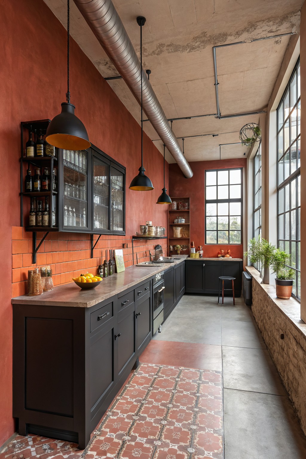 A kitchen with terracotta walls paired with dark cabinets.