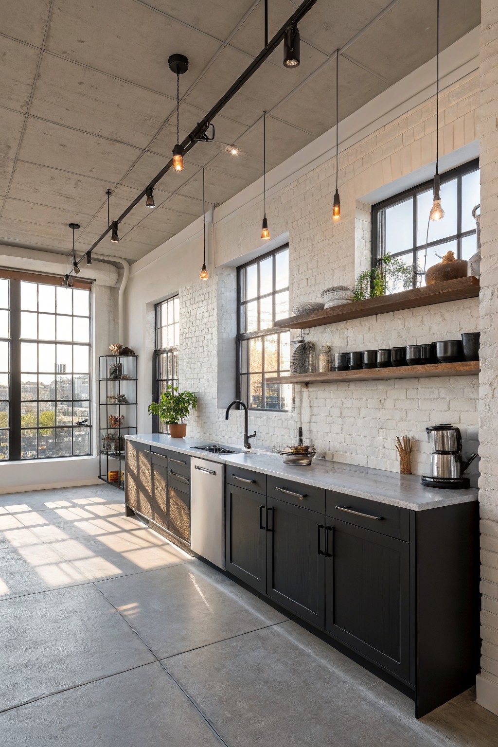 White painted brick walls behind dark kitchen cabinets.