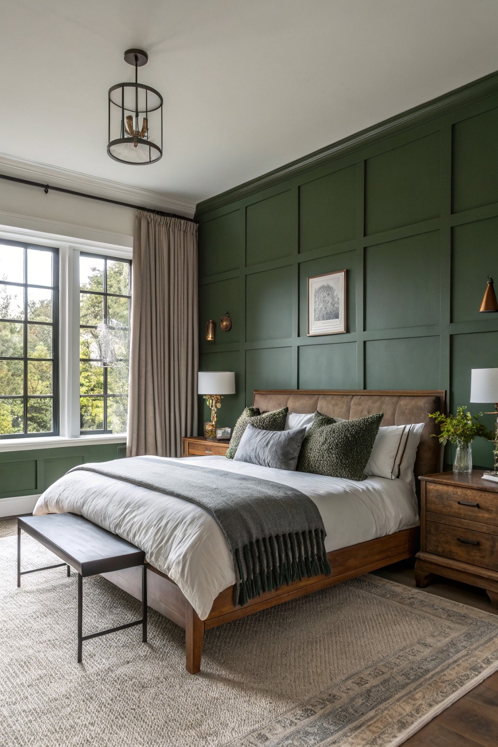 A bedroom with deep green paneled walls and a wooden bed.