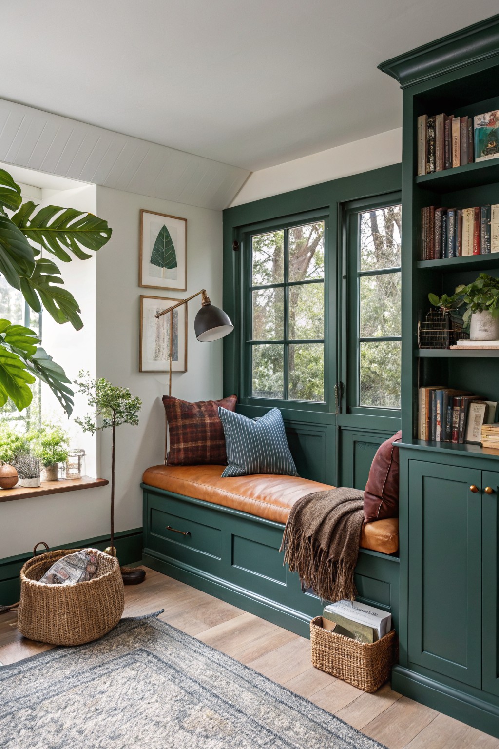 Dark green built-in cabinetry and window seat in a bright room with wood floors.