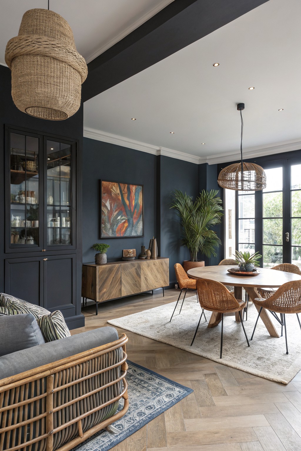 A living room featuring deep navy blue walls paired with wood furniture and flooring.