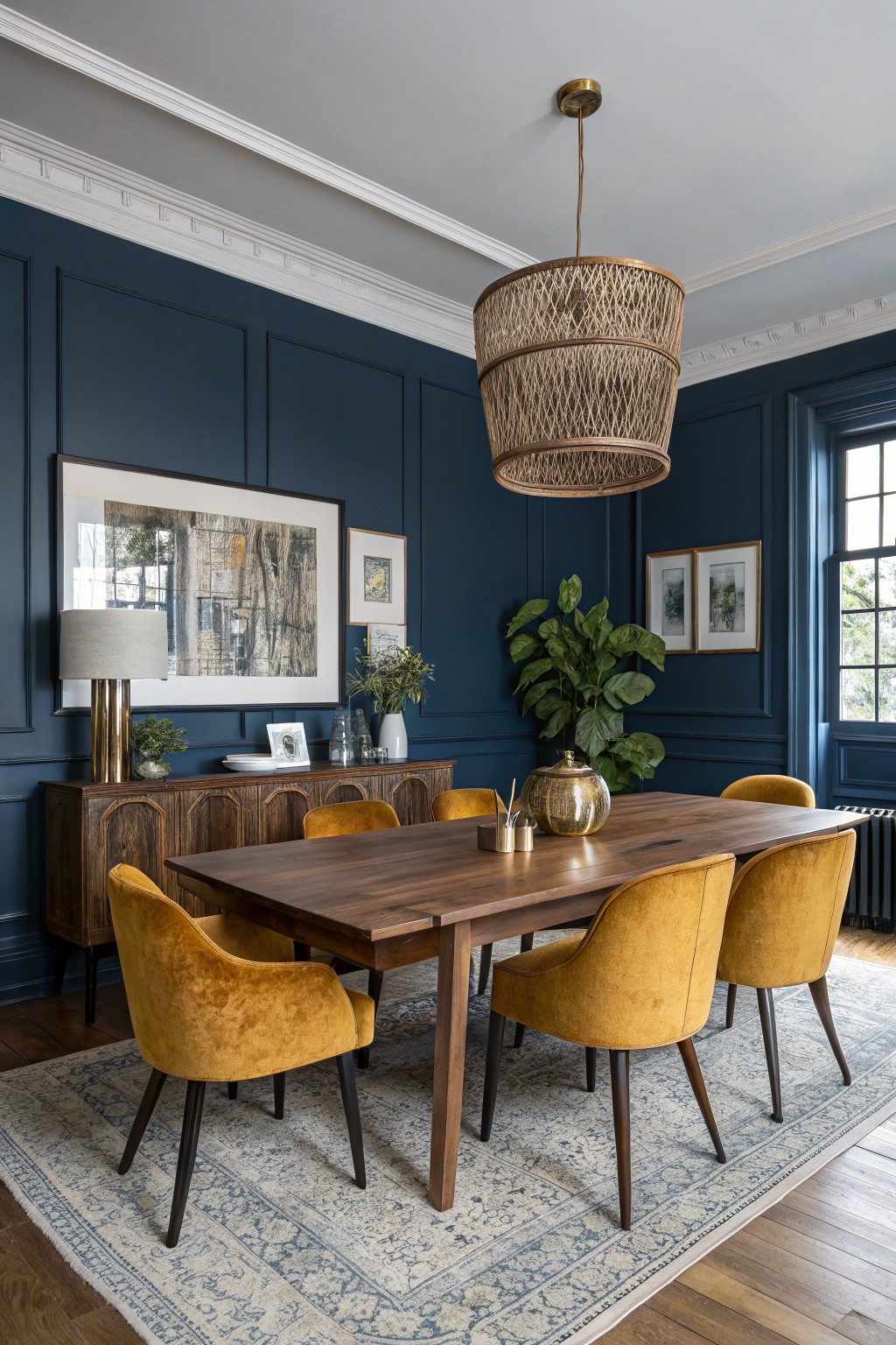 Dark navy blue walls with white trim in a dining room.