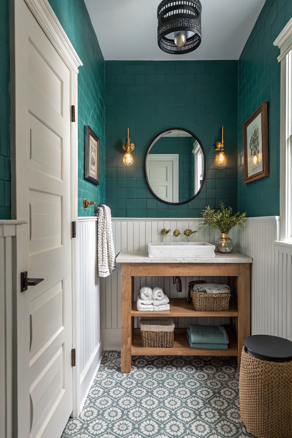 A bathroom with deep teal walls above white wainscoting and a wooden vanity.