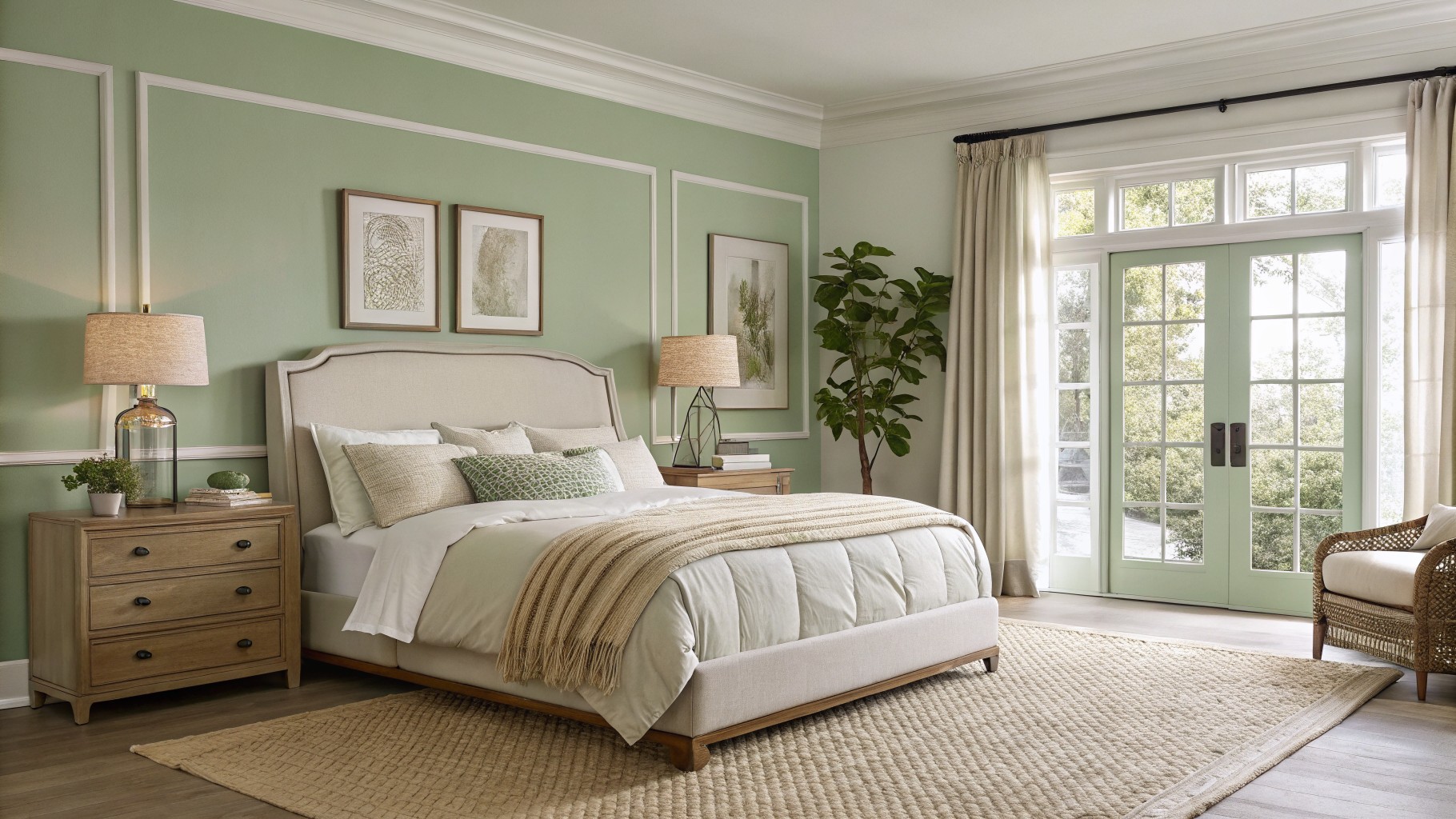 Bedroom with soft sage green walls and a large upholstered bed.