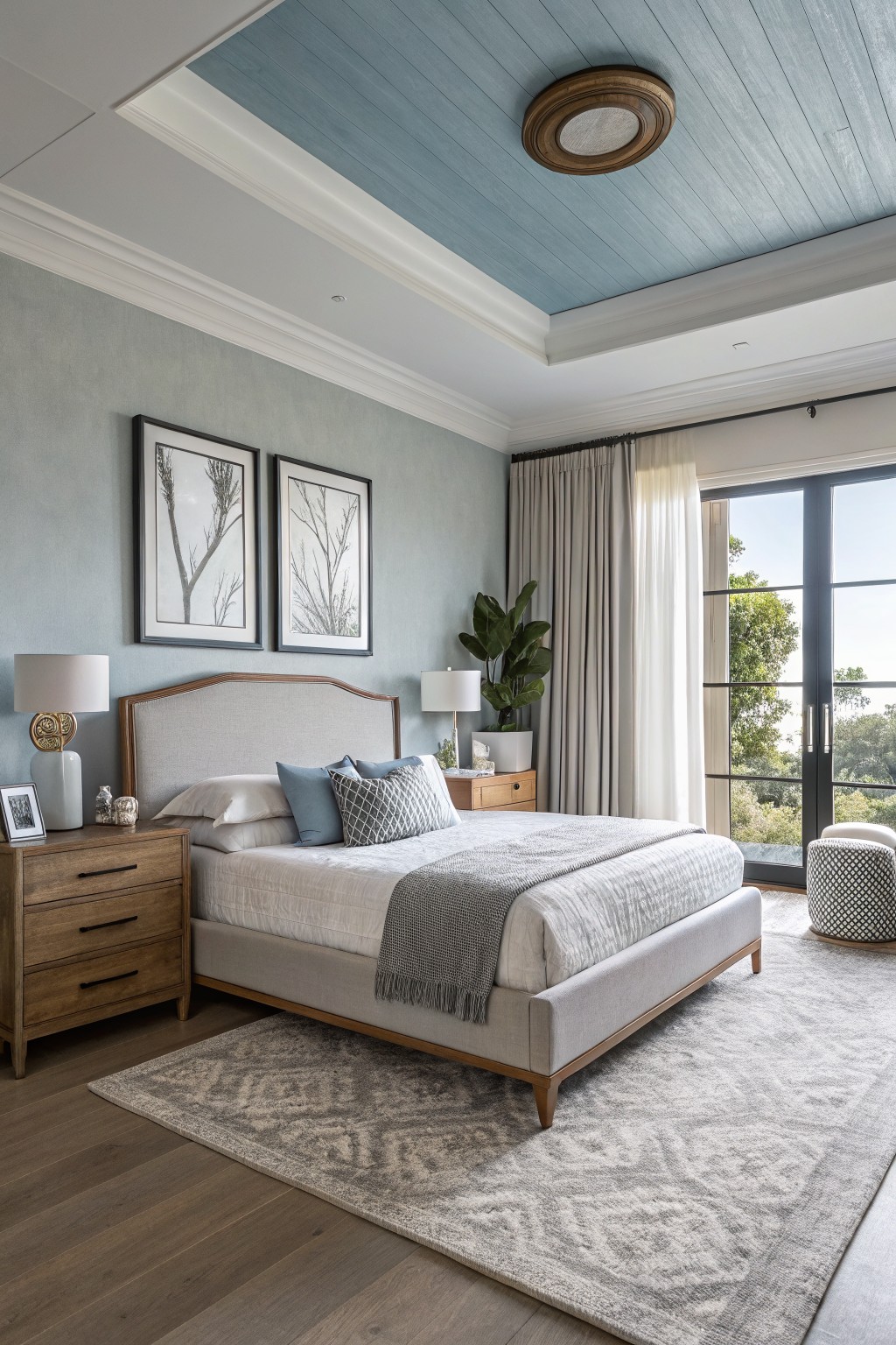 A bedroom featuring soft blue gray walls and wood flooring.