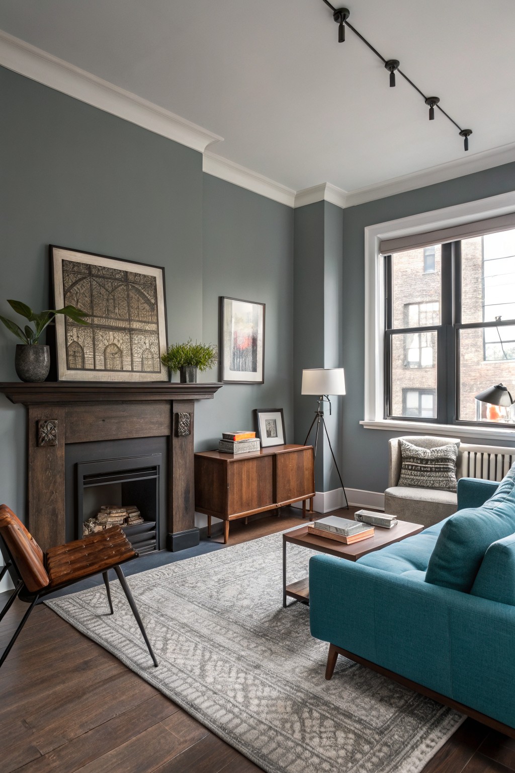 Blue gray walls in a living room with a dark wood fireplace mantel.