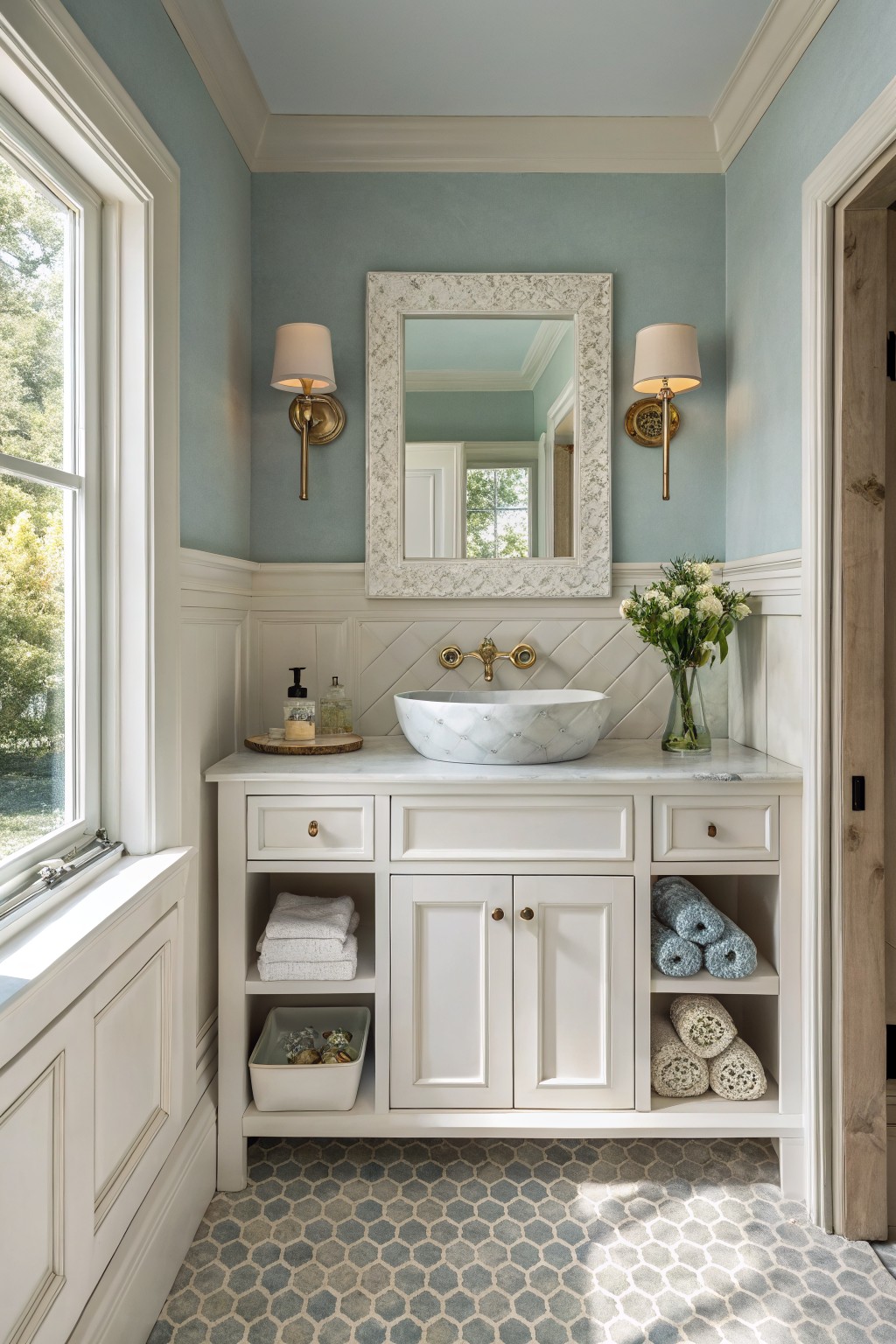 A bathroom with soft blue green walls above white wainscoting.