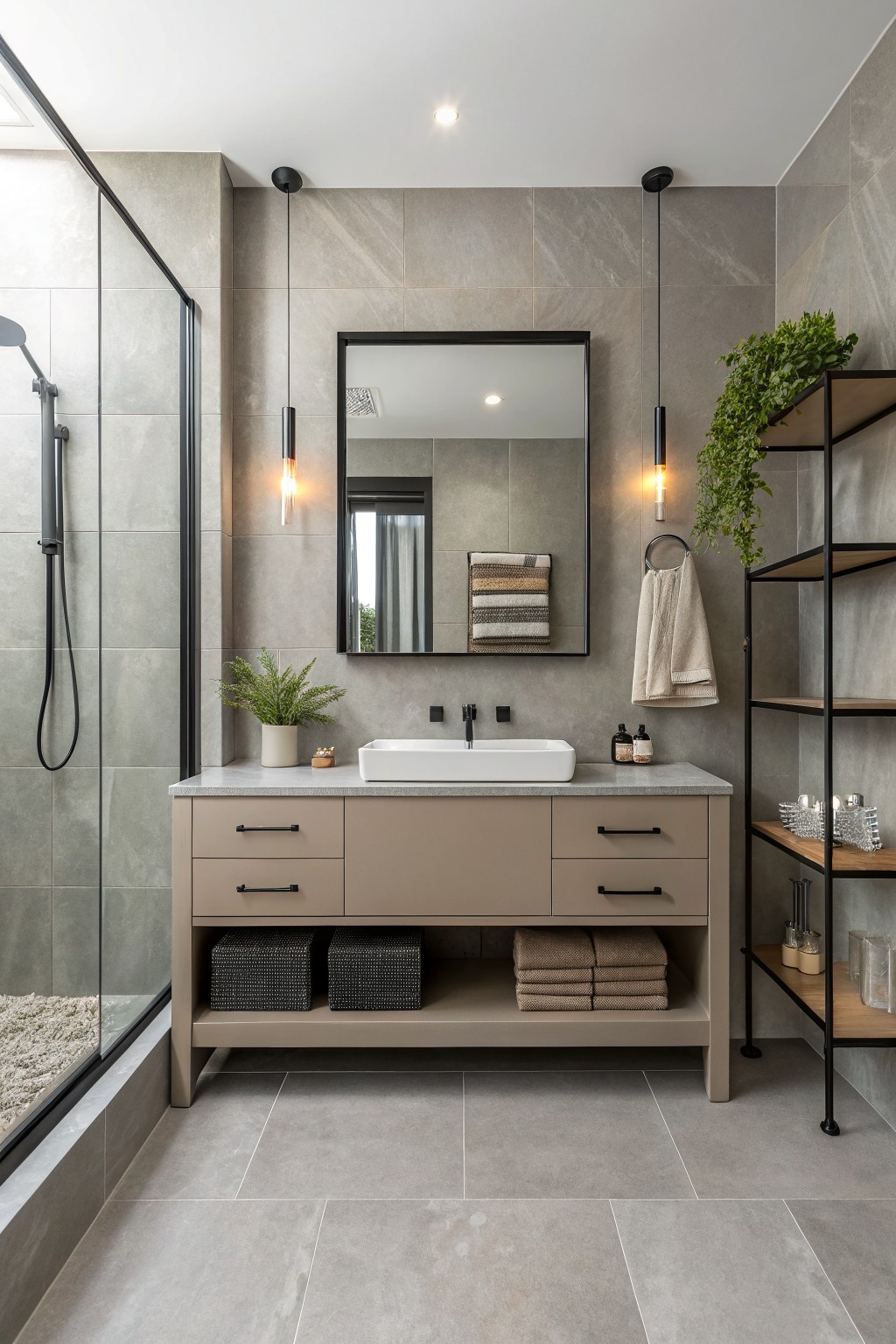 A modern bathroom featuring soft greige walls and a matching taupe vanity.
