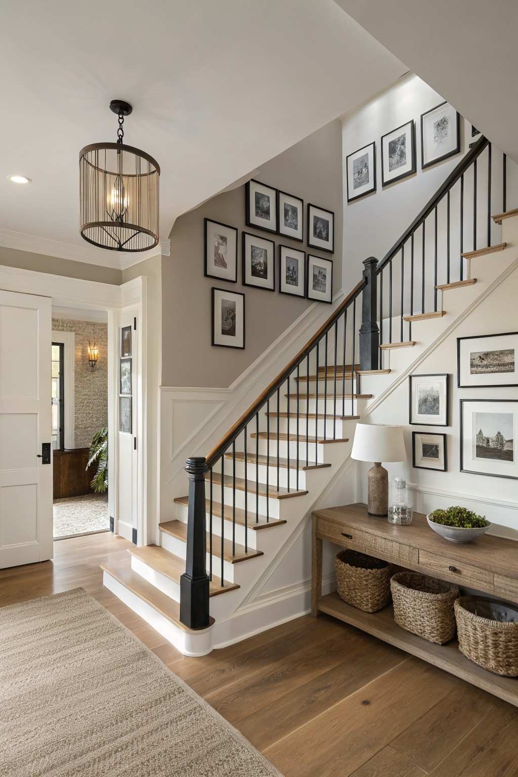 Greige walls in a stairwell with white trim and wood flooring.