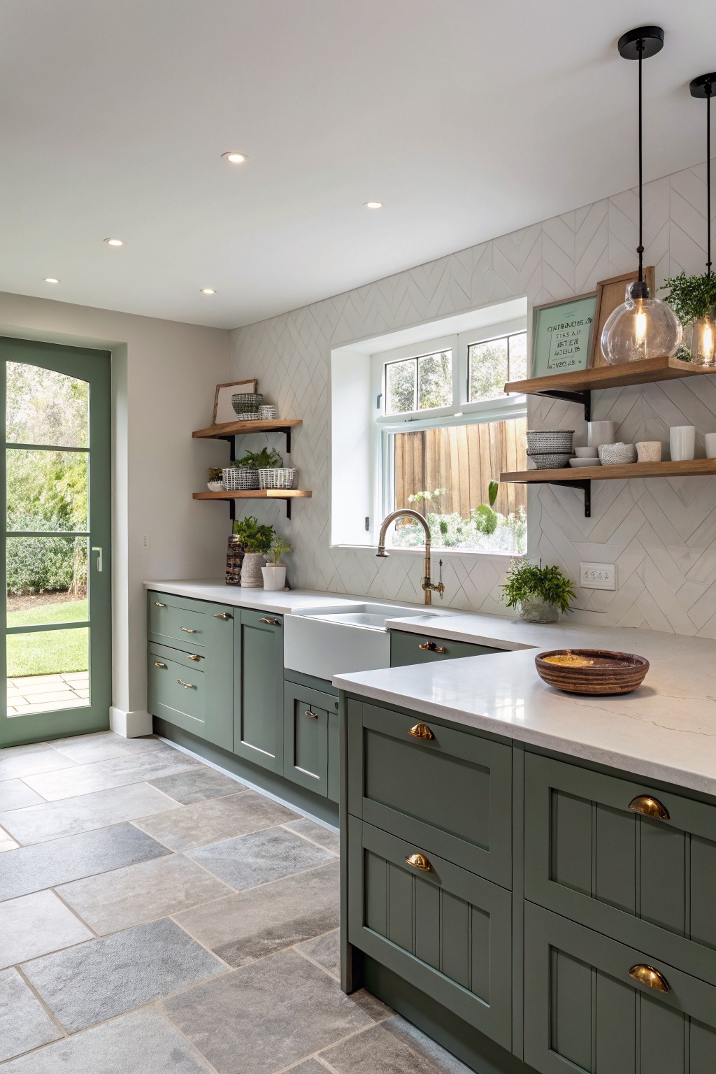 Green kitchen cabinets with white countertops and floating wood shelves.