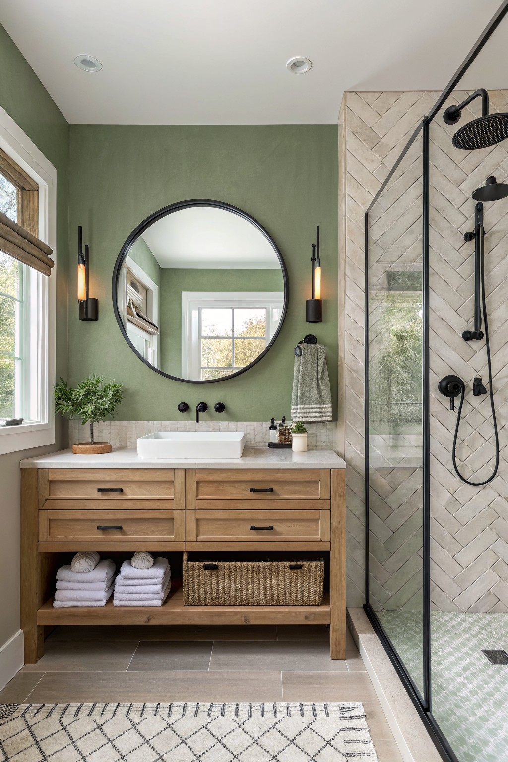 A bathroom with sage green walls and a wood vanity.