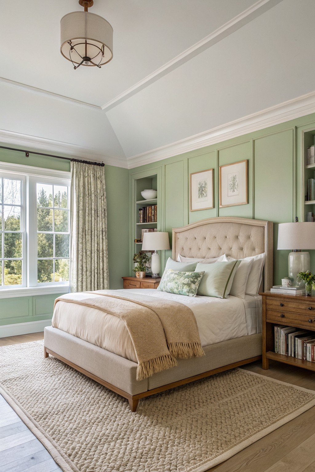 Bedroom with soft sage green walls and a large upholstered bed.