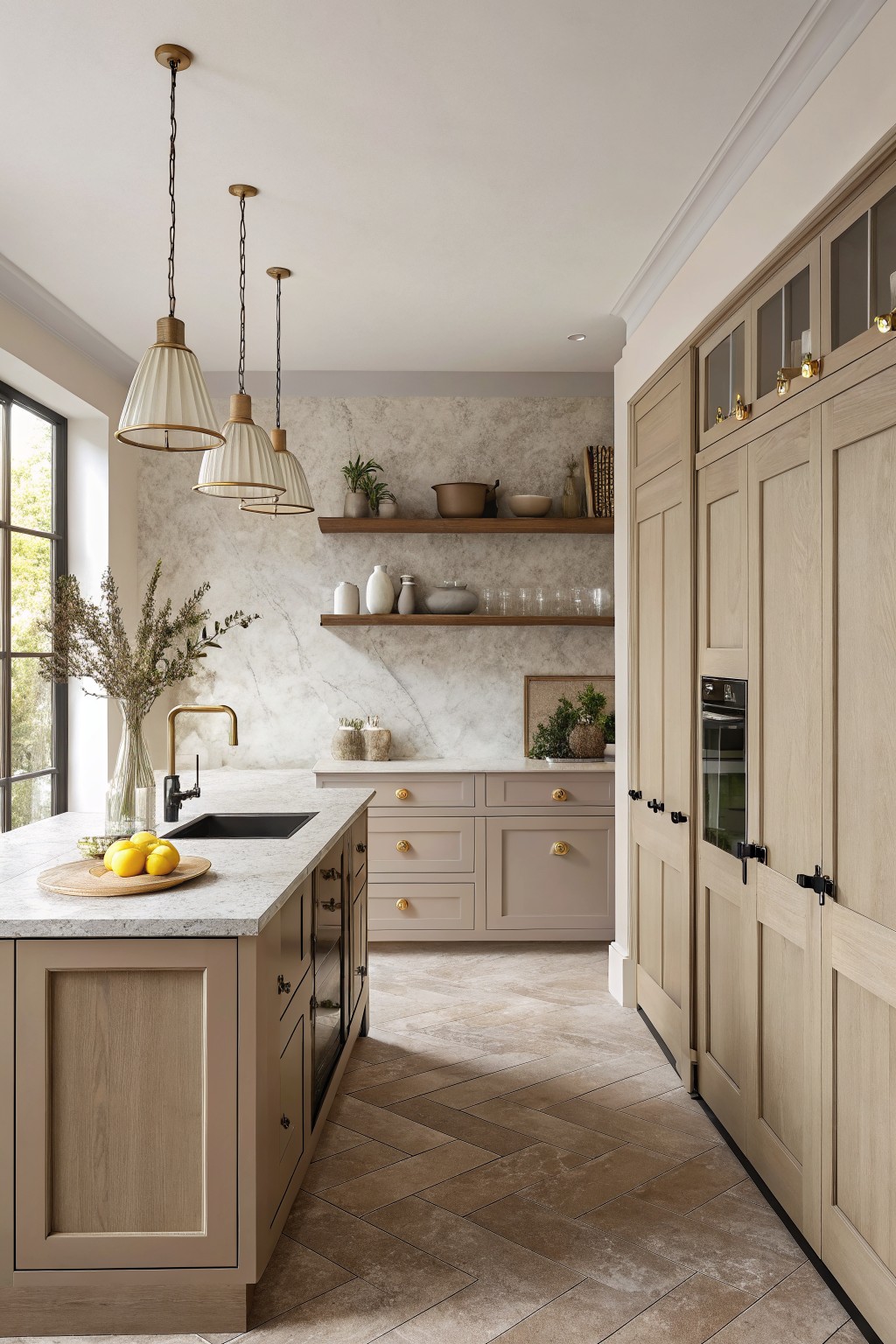 Light wood kitchen with cabinets painted in a soft warm greige.