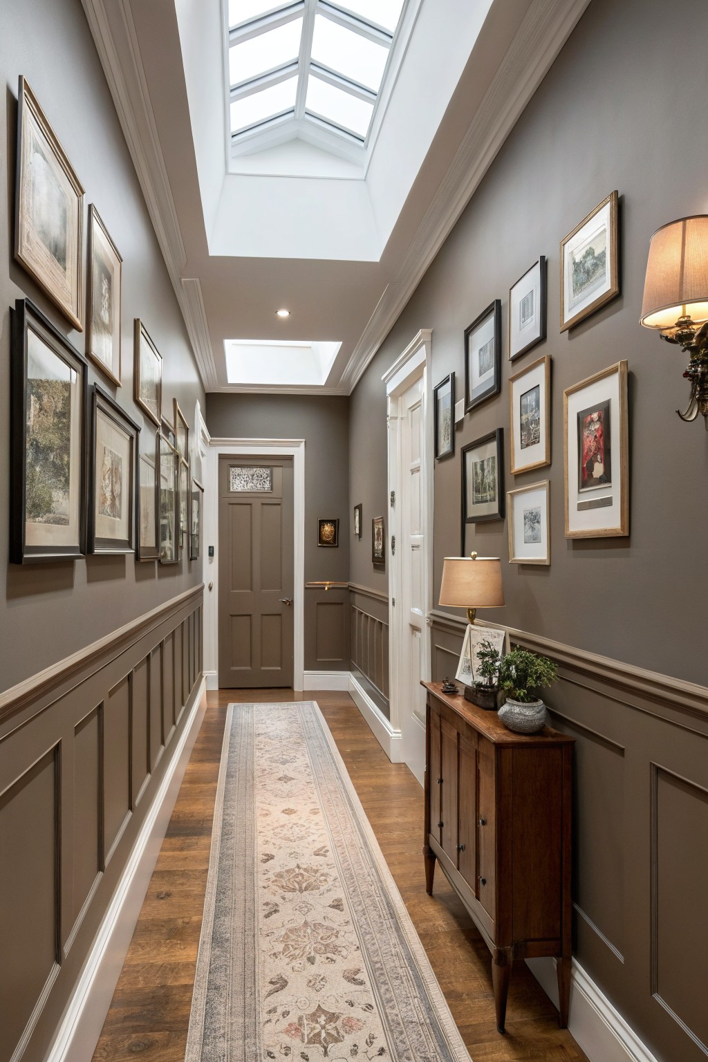 A hallway with warm greige walls, white trim, and a wood floor.