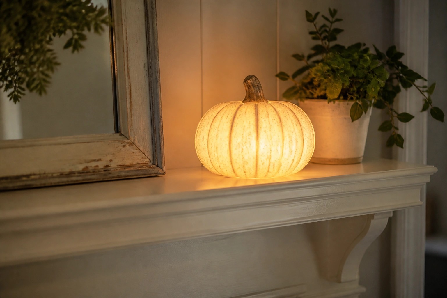 A glowing pumpkin-shaped night light rests on a stone mantel beside a vase of branches.