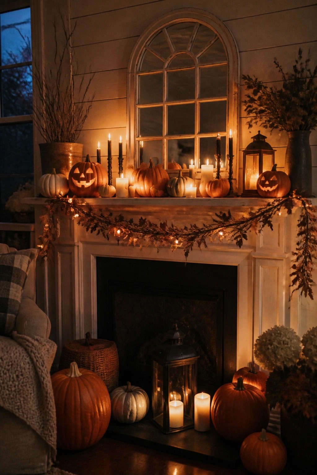 White fireplace mantel lined with glowing jack o lanterns, black taper candles, and a leafy garland with string lights.