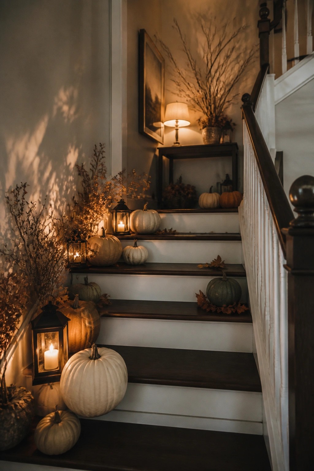 Staircase lined with white, orange, and green pumpkins and several lit lanterns on the steps.