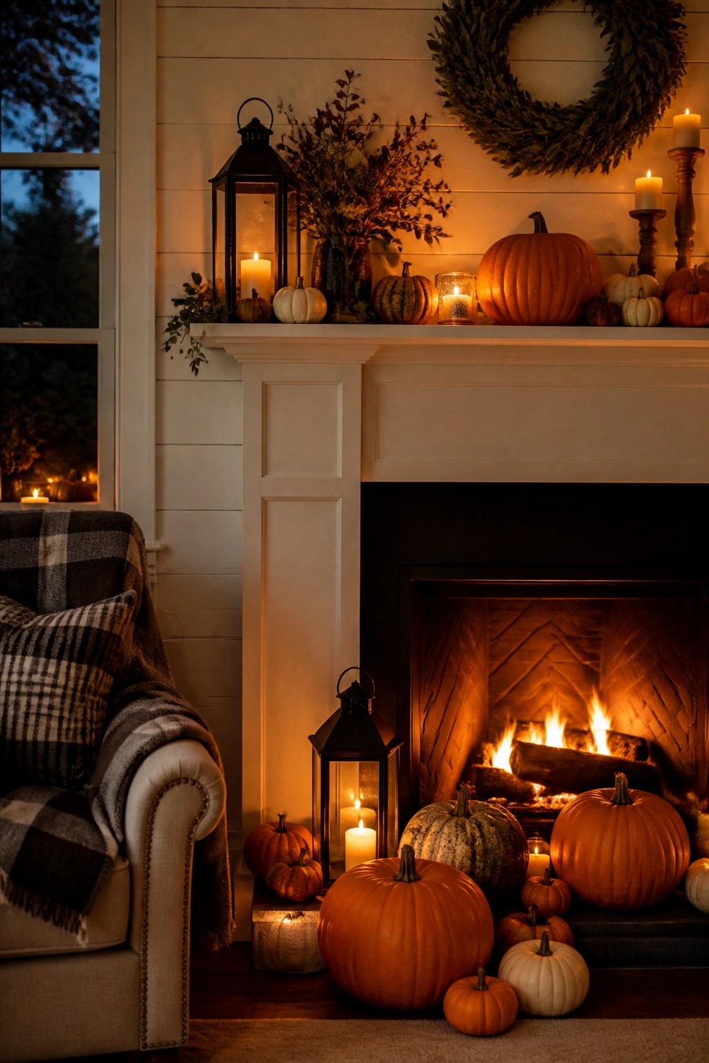 Fireplace mantel and hearth lined with orange and white pumpkins of different sizes, lit candles in black lanterns, and a green wreath above the mantel.