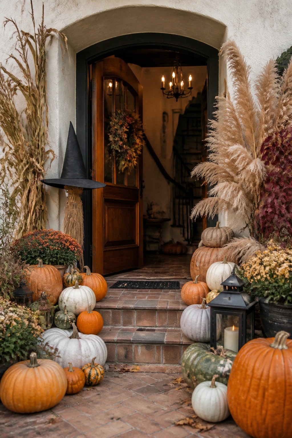 Front entry decorated with many orange, white, and green pumpkins of different sizes arranged on brick steps and around a wooden door, with a black witch hat on a broom leaning nearby.
