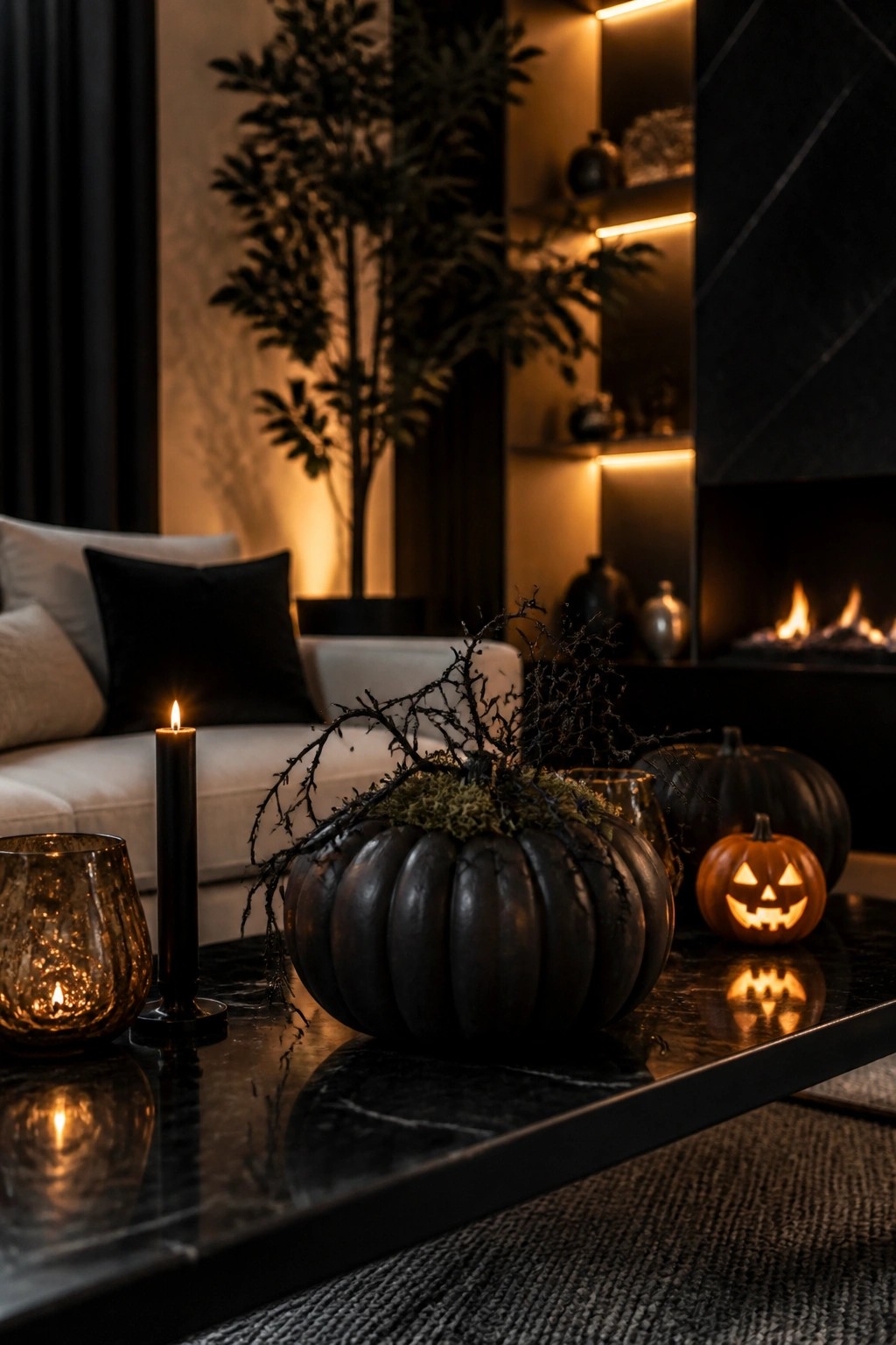 Coffee table with a large dark pumpkin topped with black branches and moss, a small carved jack-o'-lantern, and a tall black candle in a living room setting.