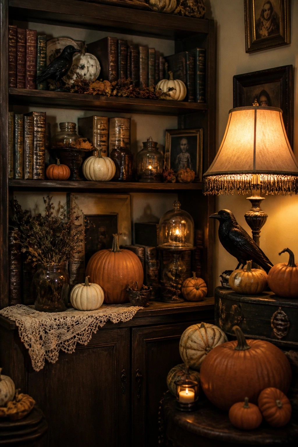 Dark wooden shelves with pumpkins, black crows, antique books, and glowing candles.