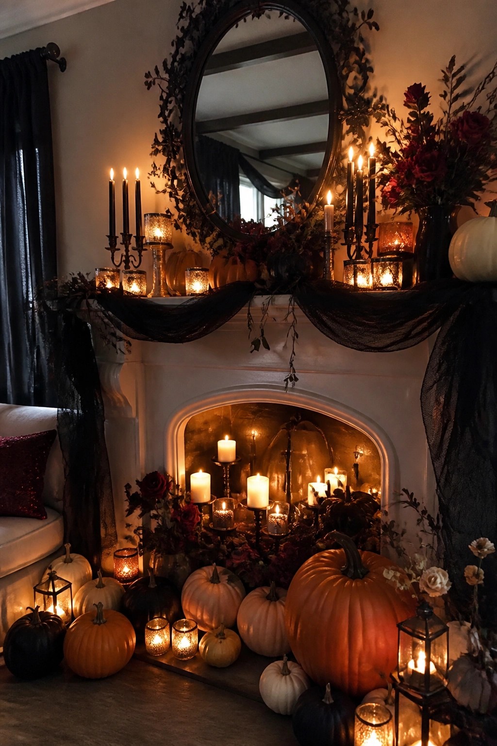 White fireplace mantel styled with pumpkins, black candles, and lanterns for a cozy Halloween display.