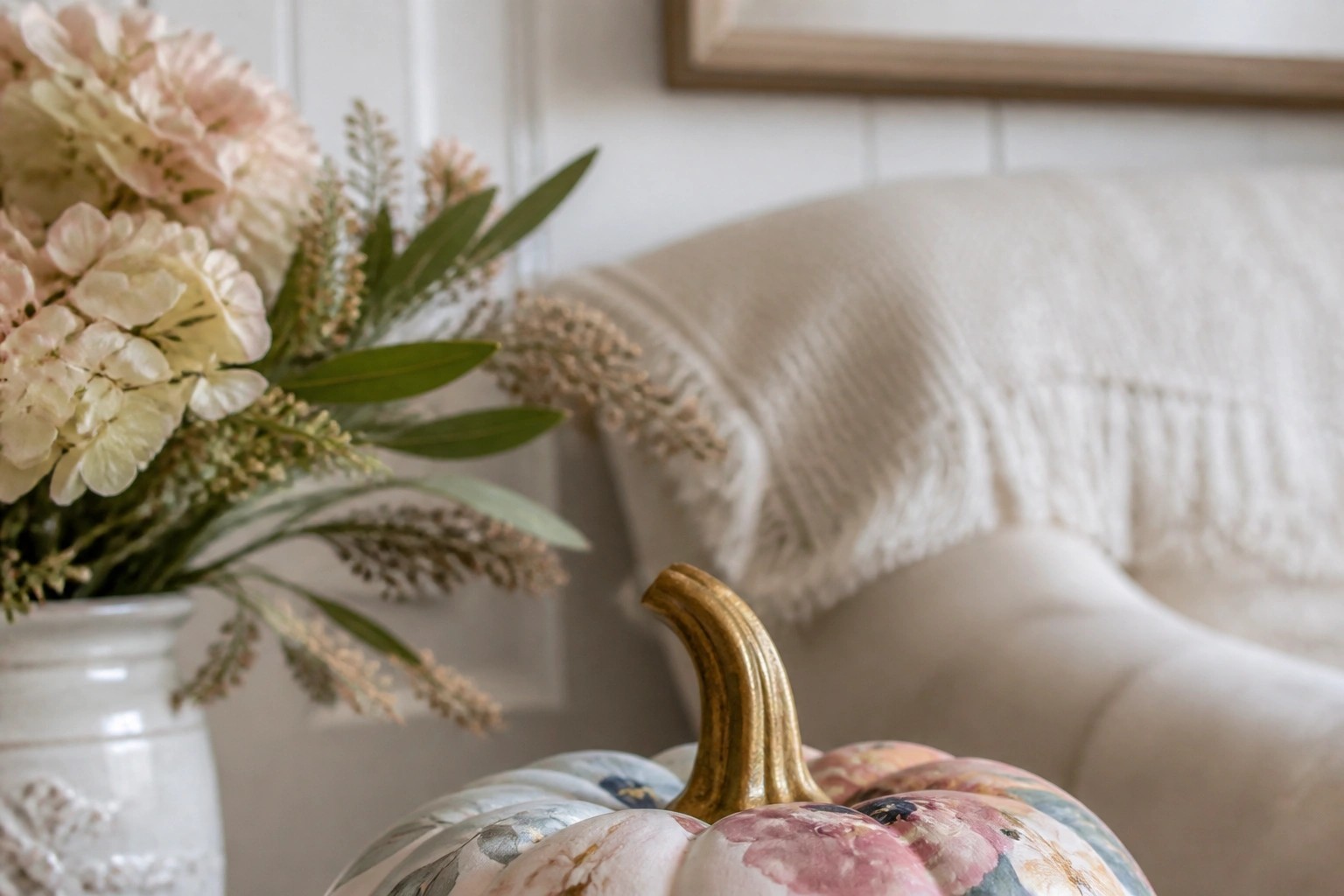 A small white pumpkin painted with orange, pink, and yellow flowers sitting on a burlap mat.