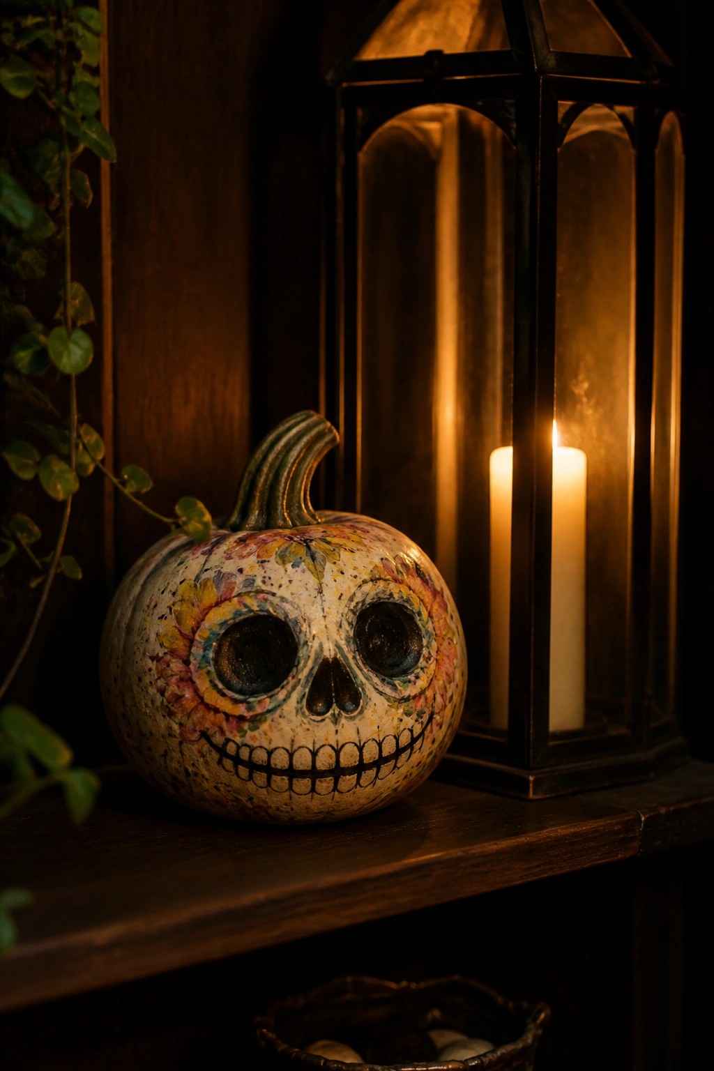 A small white pumpkin painted with a colorful skull face and floral details sits beside a lit black lantern on a wooden surface.