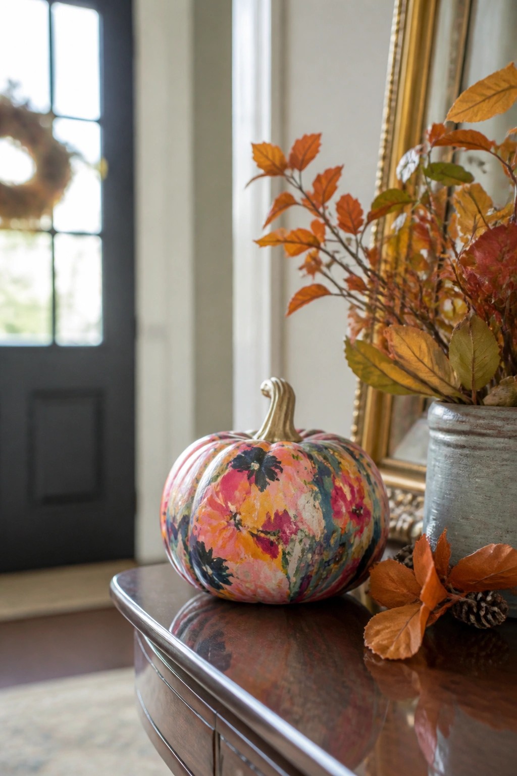 A small pumpkin painted with colorful flowers sits on a wooden console table next to a vase of autumn leaves.