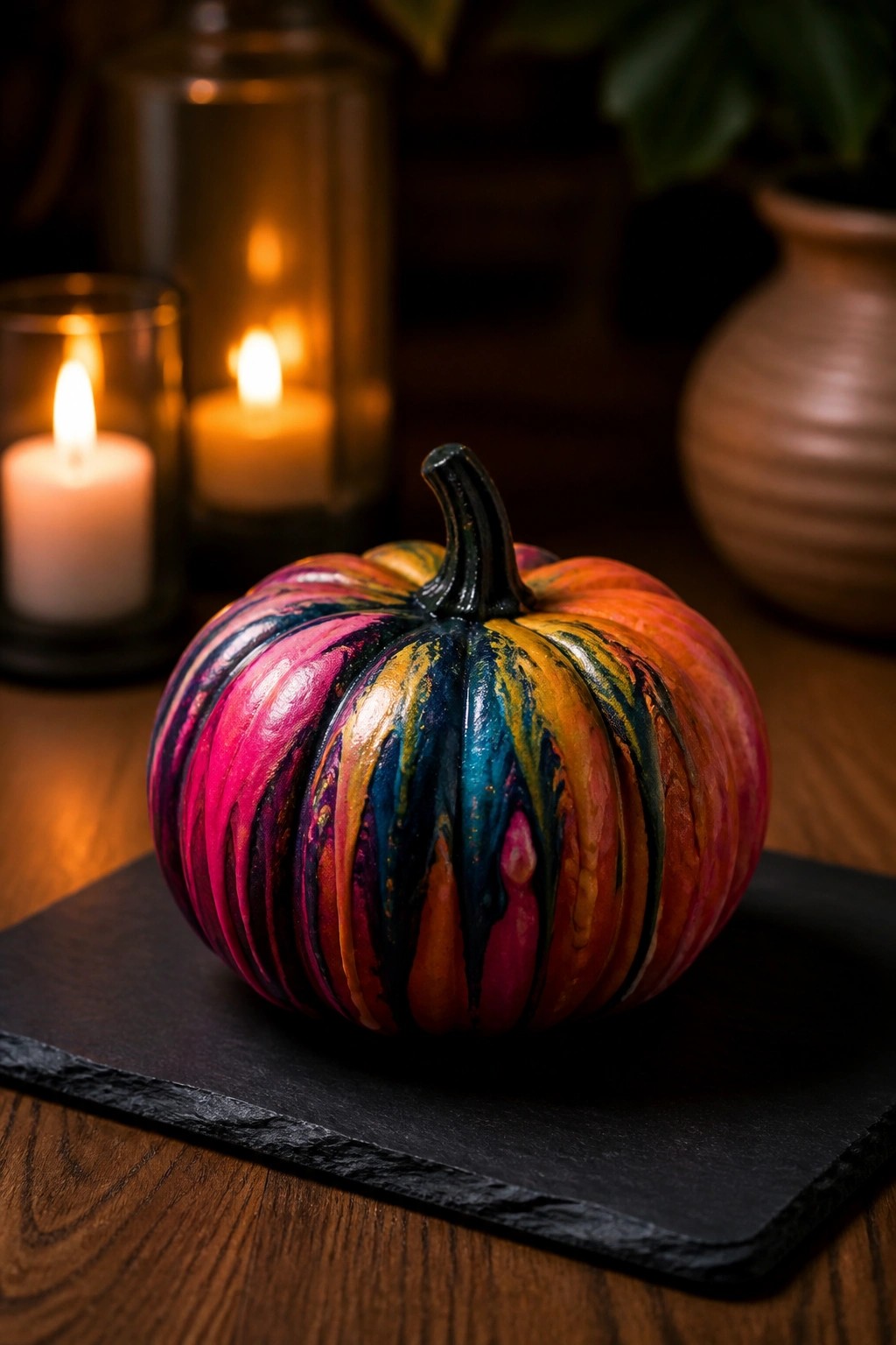Multicolored painted pumpkin with pink blue orange streaks on dark slate near candles