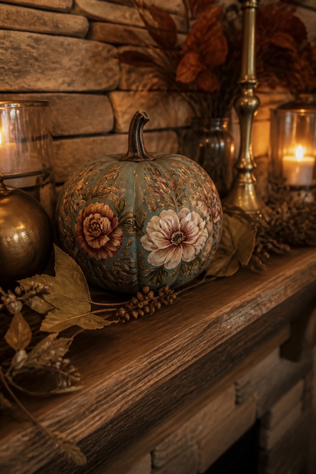 Painted teal pumpkin with large floral designs sitting on a wooden mantel beside candles and dried foliage.