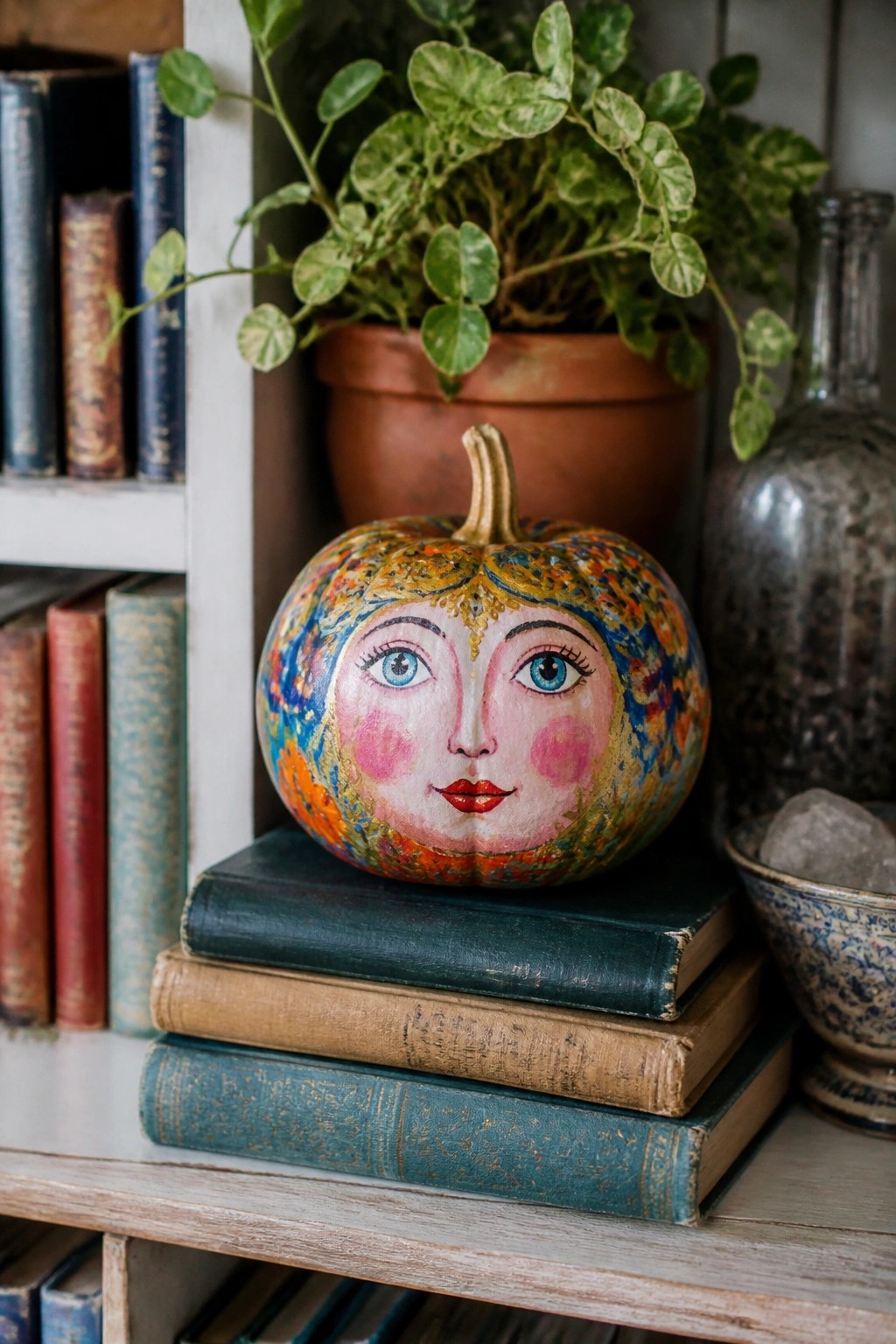 A small pumpkin painted with a colorful woman's face rests on a stack of old books next to a potted plant.