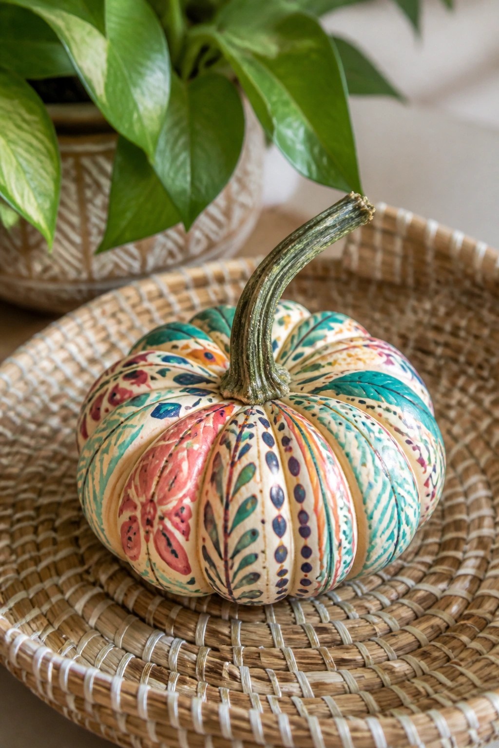 Small pumpkin with colorful painted floral and leaf patterns resting on a woven tray beside a potted plant.