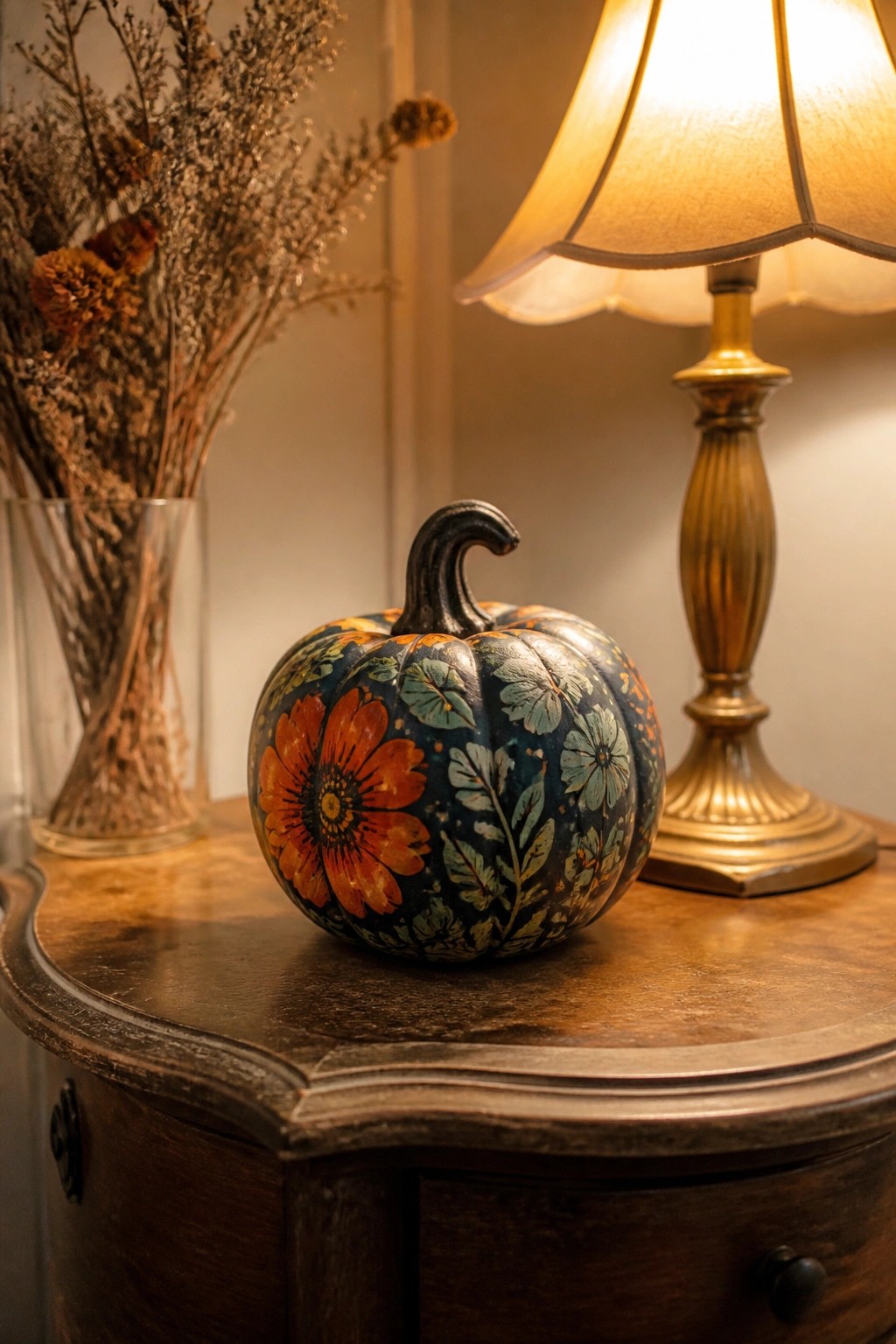 Small dark blue pumpkin painted with large orange flowers and green leaves sitting on a wooden table beside a lit lamp.