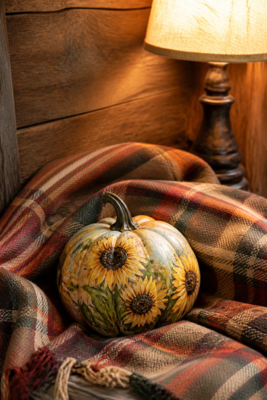 Small pumpkin painted with sunflowers sitting on a plaid blanket beside a lamp.