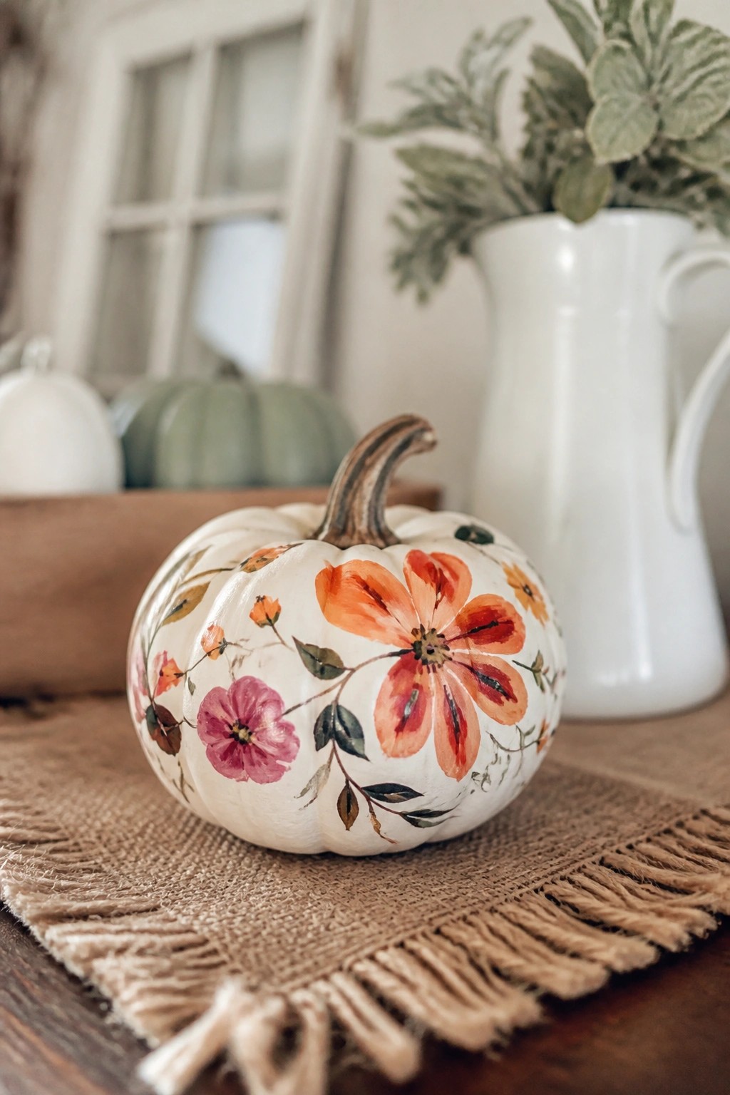 A small white pumpkin painted with orange, pink, and yellow flowers sitting on a burlap mat.
