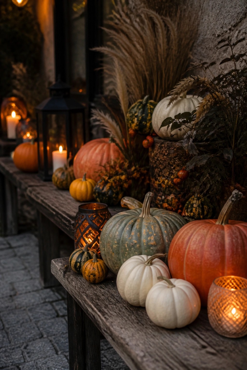 Wooden bench outdoors holding assorted pumpkins in white, orange, and green tones with lit lanterns and dried grasses nearby.