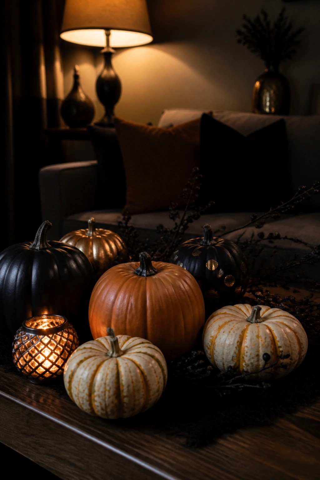 Wooden table holding black, orange, gold, and striped white pumpkins with dark branches and a lit metal candle holder.